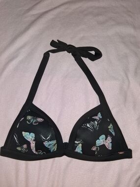 PINK Victoria's Secret Black Bikini Top with Pastel Butterfly Print